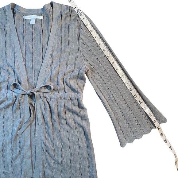 Vintage Gray Ribbed Knit Tie Waist Scalloped Hem Cardigan Sweater Small Y2K 90s - Picture 15 of 16
